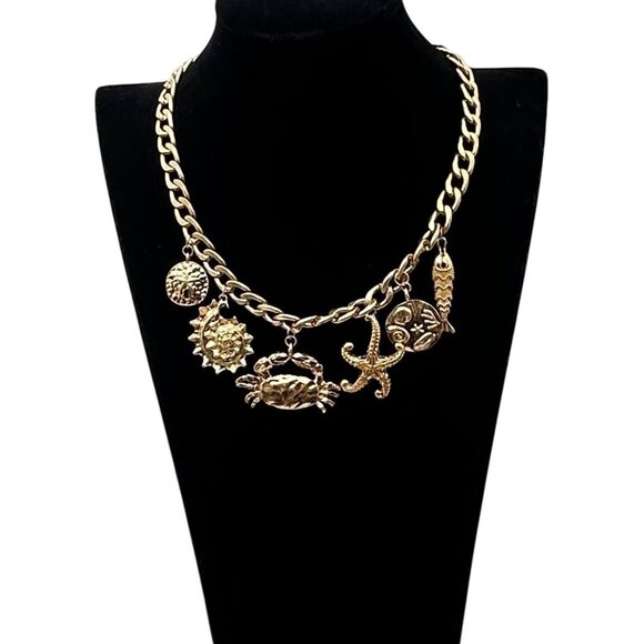Sea Beach Vacay Starfish Crab Sea Shell Gold Tone Statement Necklace New - Picture 3 of 4